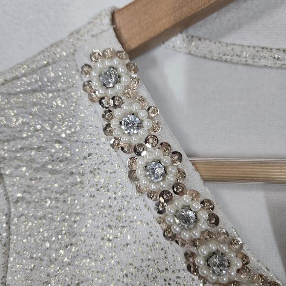 VTG Rue21 Top L White Metallic Gold Sparkle Pearls Rhinestones McBling Evening - Picture 6 of 13